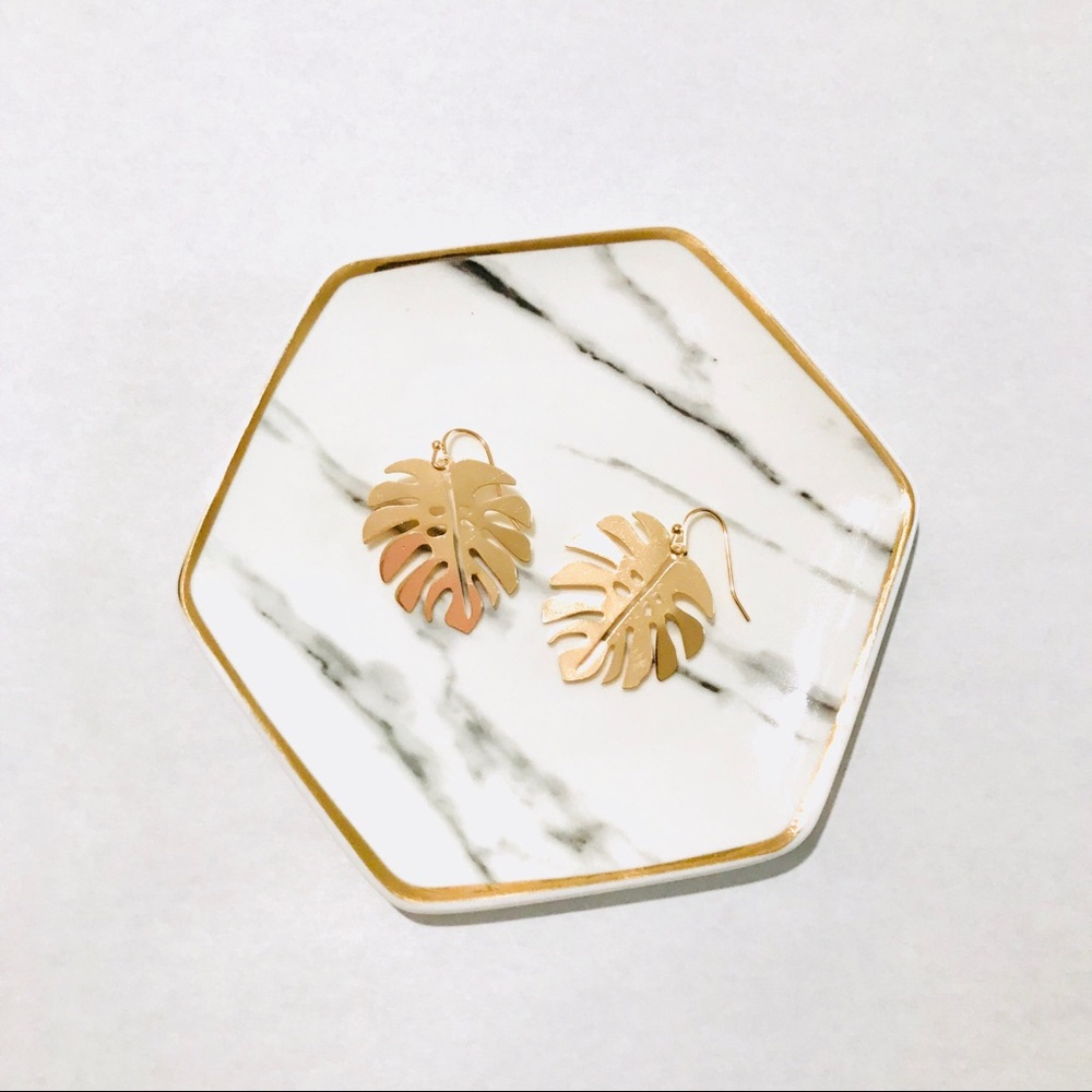 GOLDEN PALM LEAF TROPICAL DROP EARRINGS 1.25” - Picture 6 of 8
